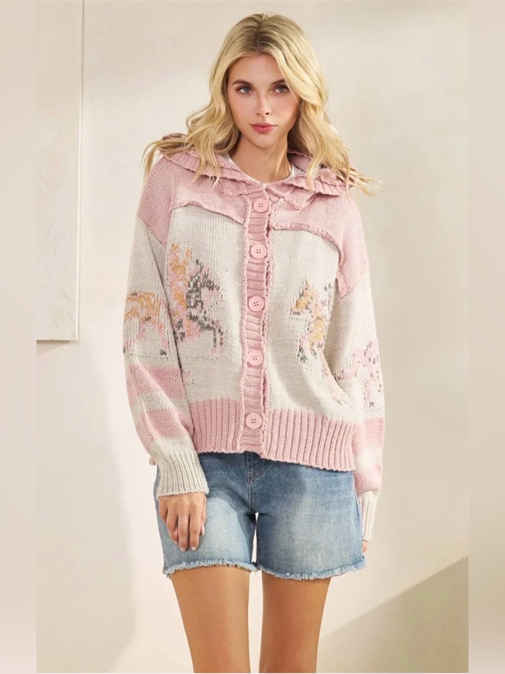 Veveret Western Horse Graphic Cardigan Pink/Creme Small
